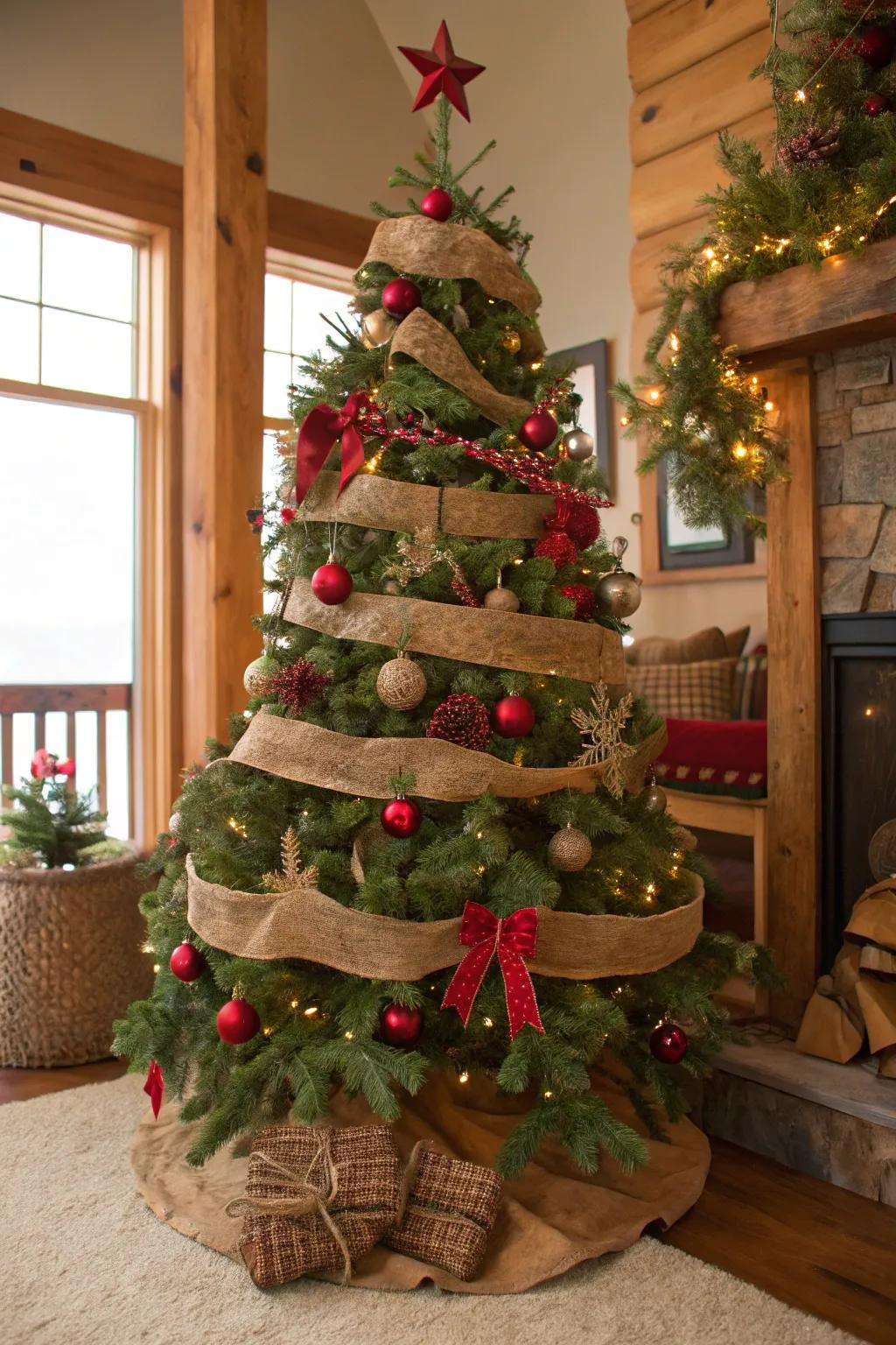 A countryside Christmas tree showcasing charming crimson and emerald accents.