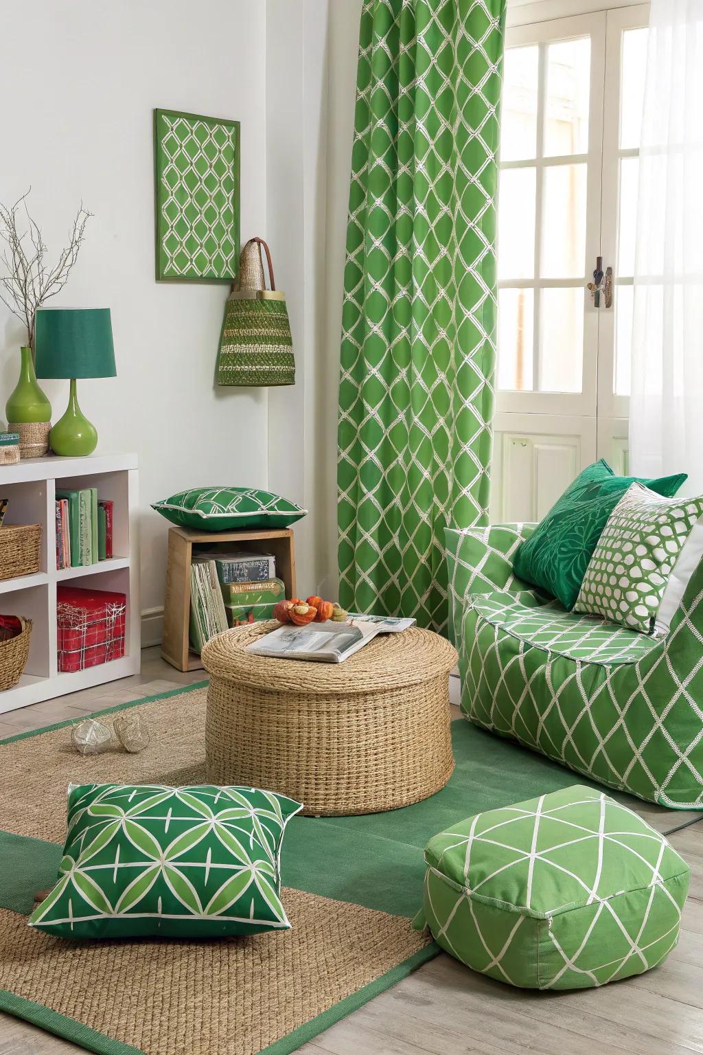 Geometric patterns introduce modern sophistication to this green-themed room.