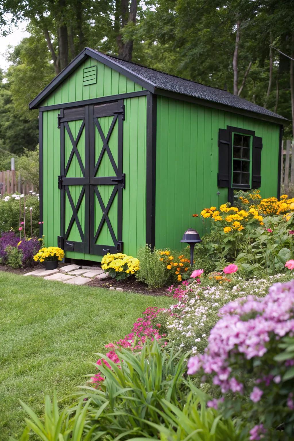 Black details provide a bold contrast to a green shed.