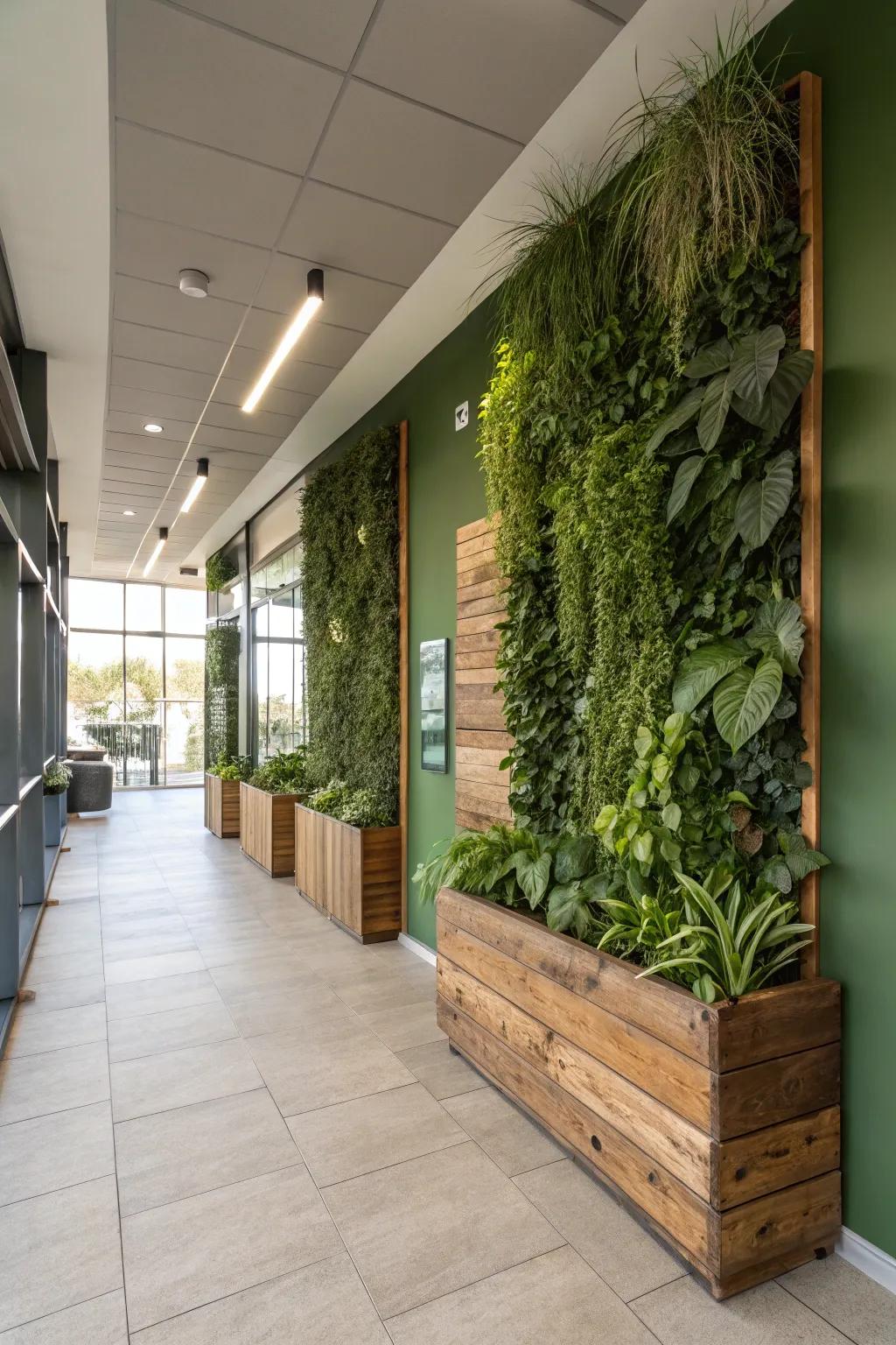 A green wall that features eco-conscious materials for a sustainable aesthetic.