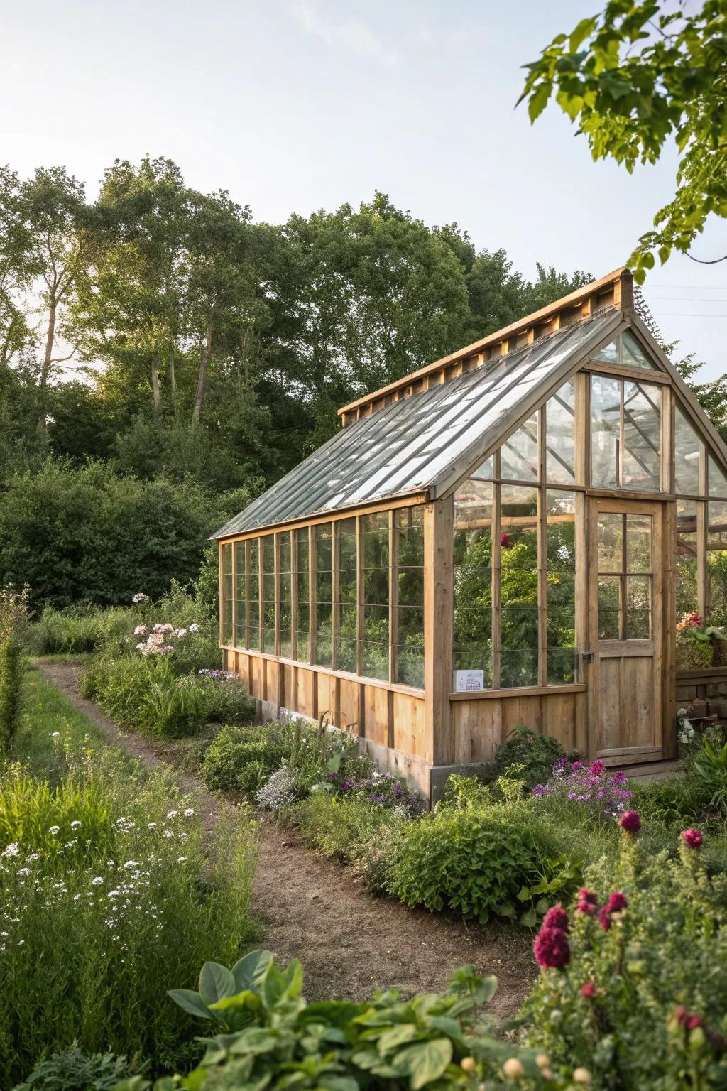 A greenhouse built with green, earth-friendly items.