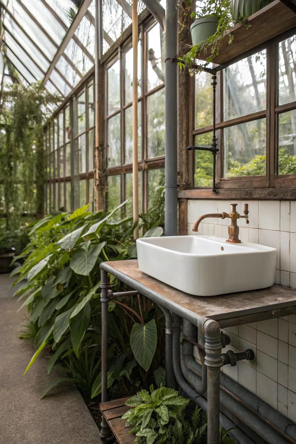 A modern plant stand sink brings a modern edge to greenhouse decor.