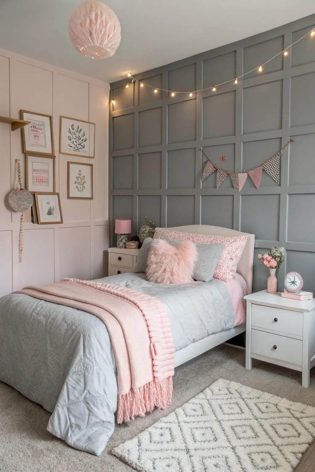 Blush accents add romance to the grey feature wall.