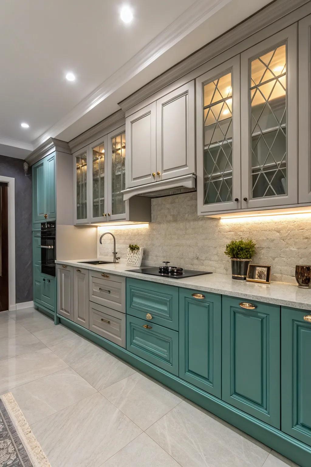 Dual-tone cupboards incorporate depth to the cooking area's design.