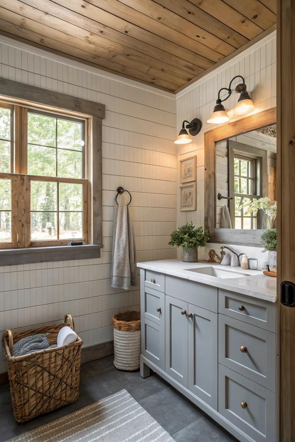 Shiplap walls add texture and charm to this farmhouse-style bathroom.
