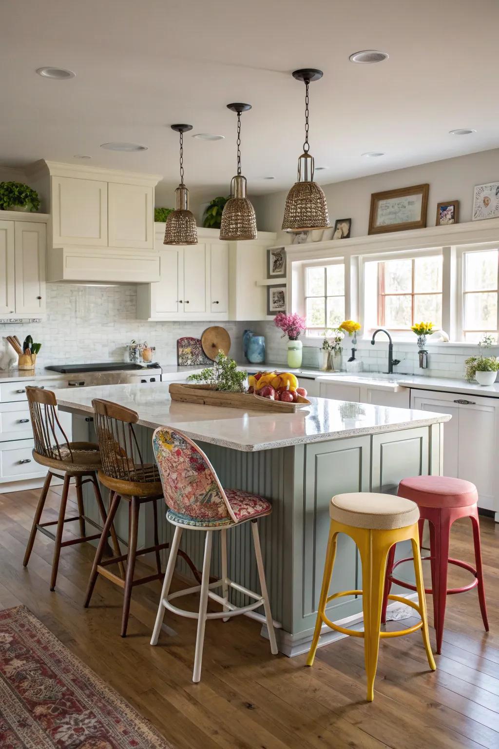 Eclectic mix and match seating in a modern kitchen