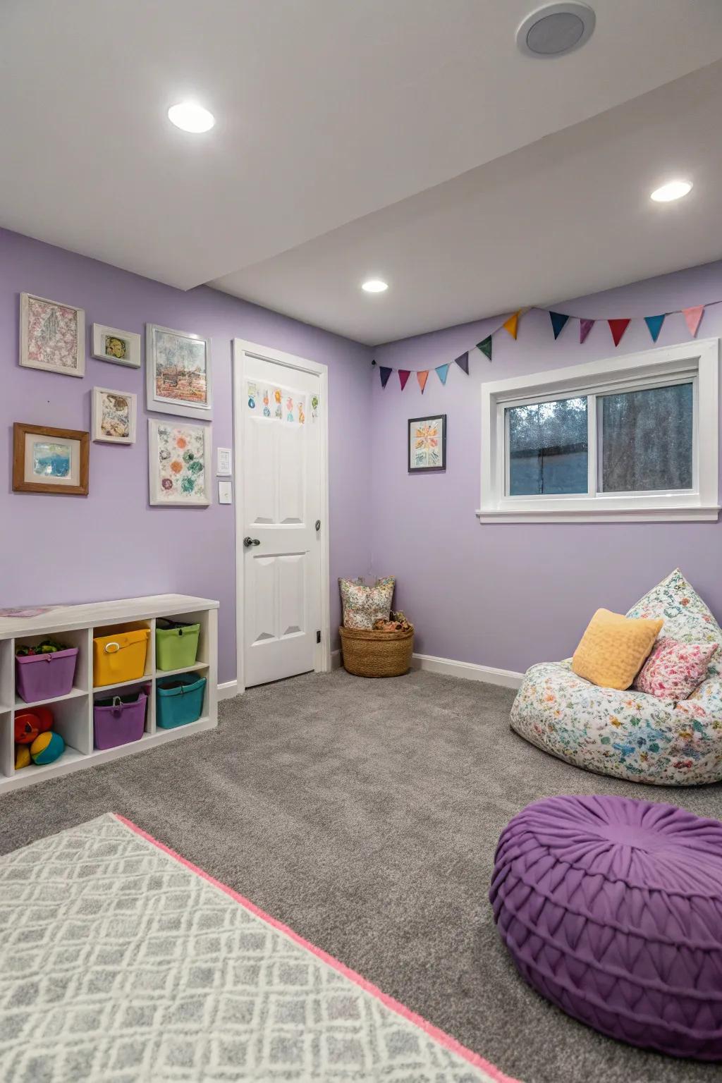 Lilac walls add whimsy and allure to rooms with grey floor covering.