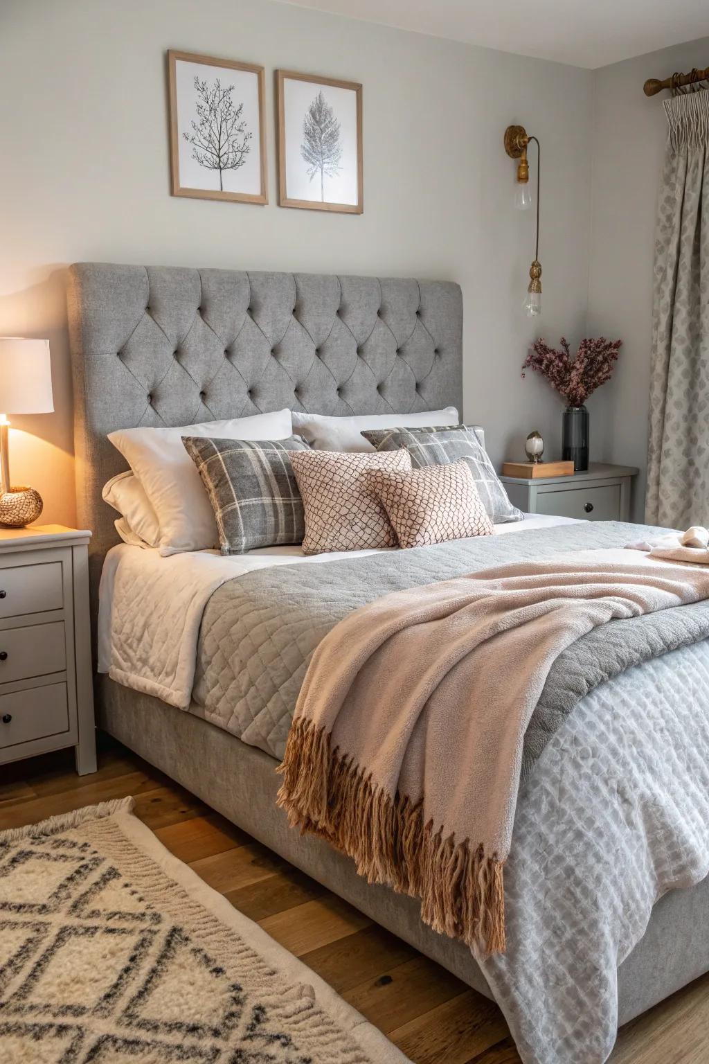 Different textures bring depth and warmth to a bedroom with a grey headboard.