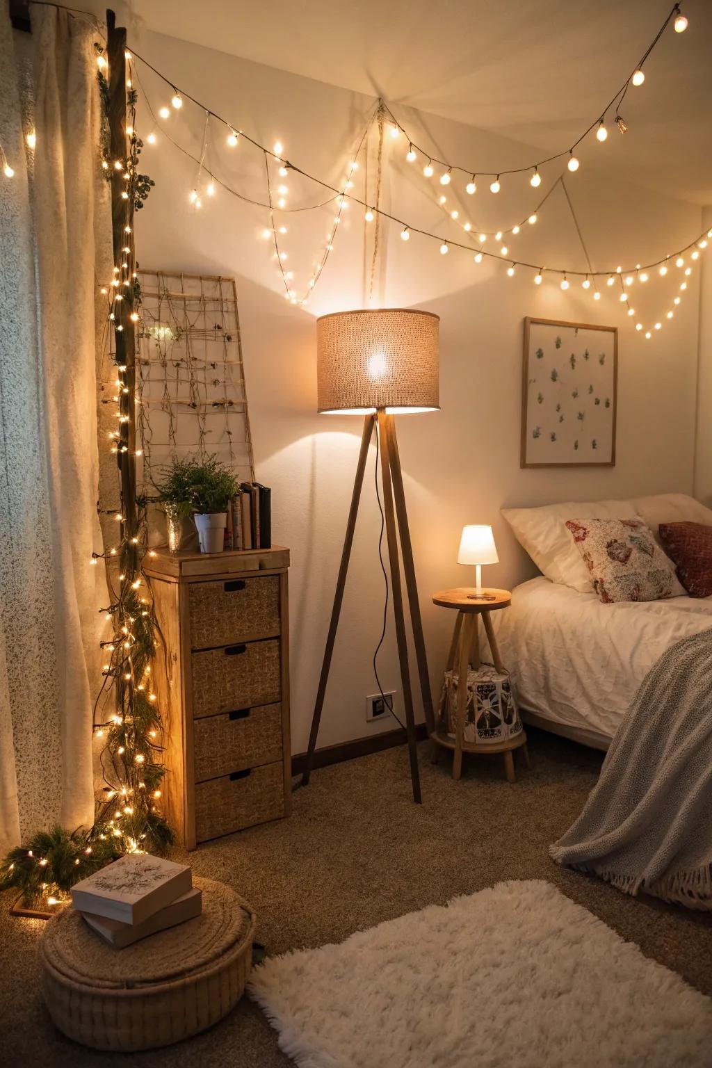 Tiered lighting fashions a cozy ambiance for relaxing evenings.