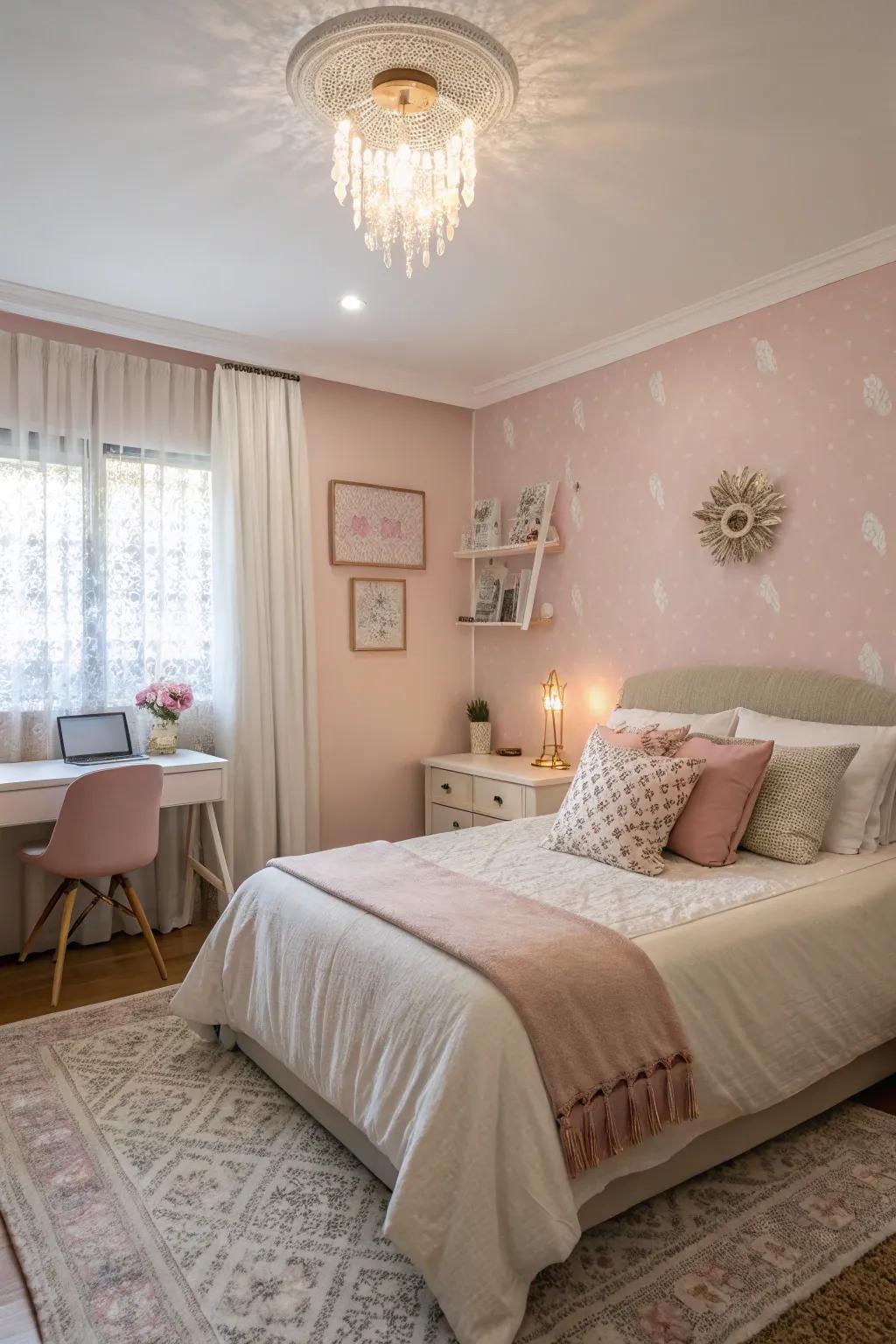 A guest room featuring delicate light rose for a gentle ambiance.