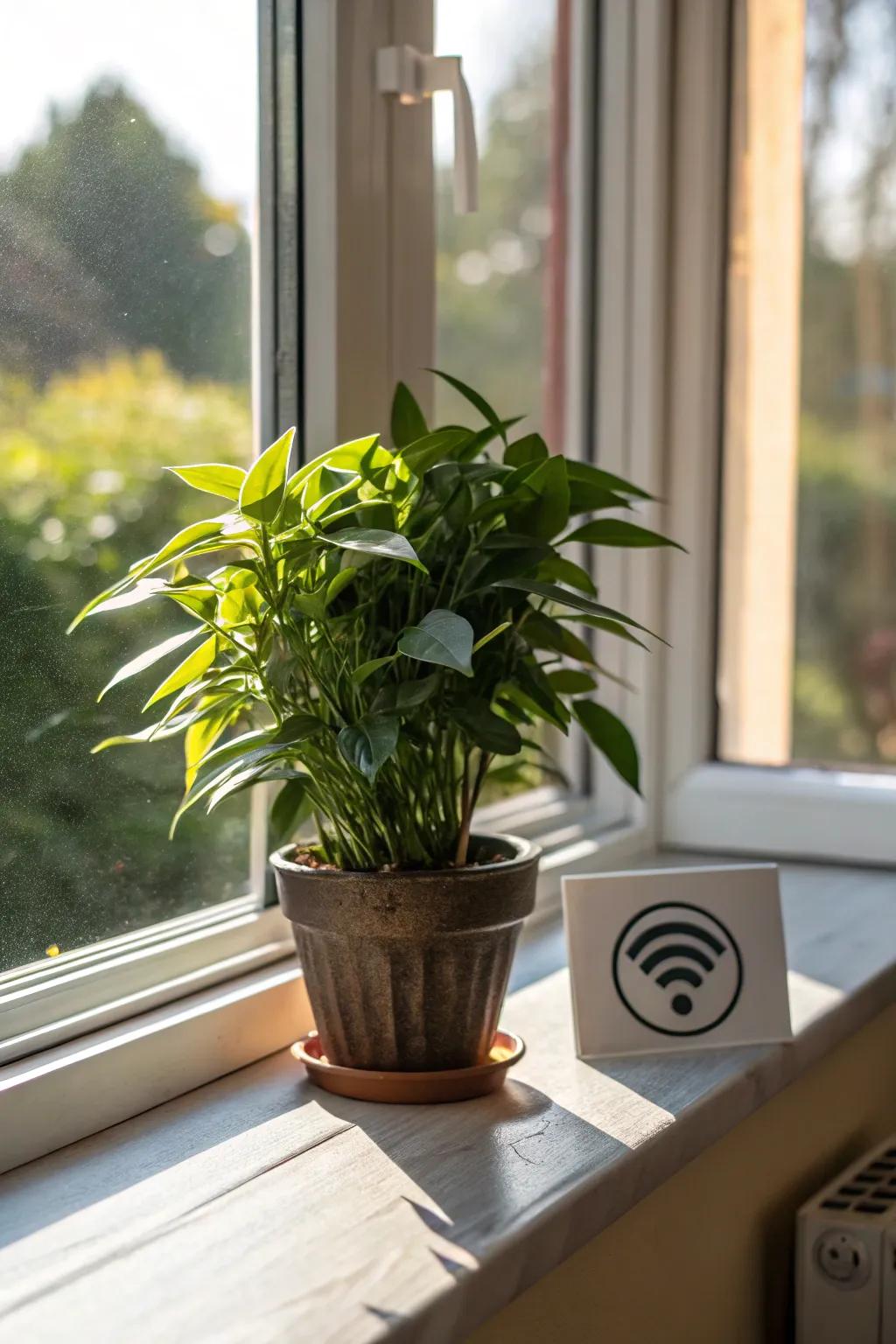A potted plant enhancing the aesthetic of a WiFi notification in a radiant window space.