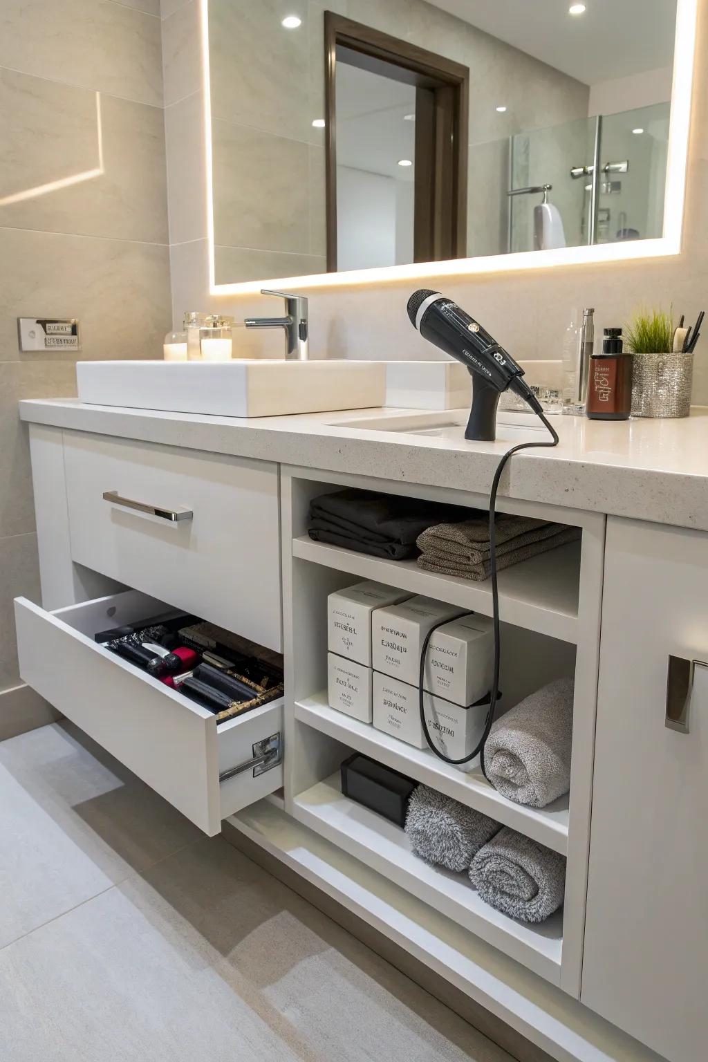 Streamlined built-in vanity cubbies designed for discreet and organized storage.