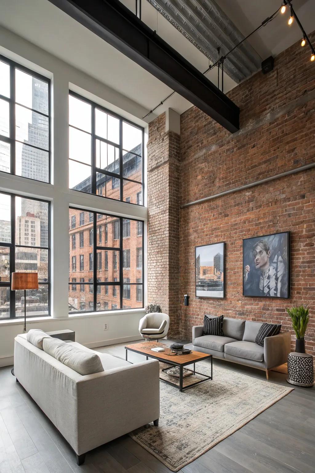 A modern studio apartment featuring a brick focus wall paying homage to its industrial past.