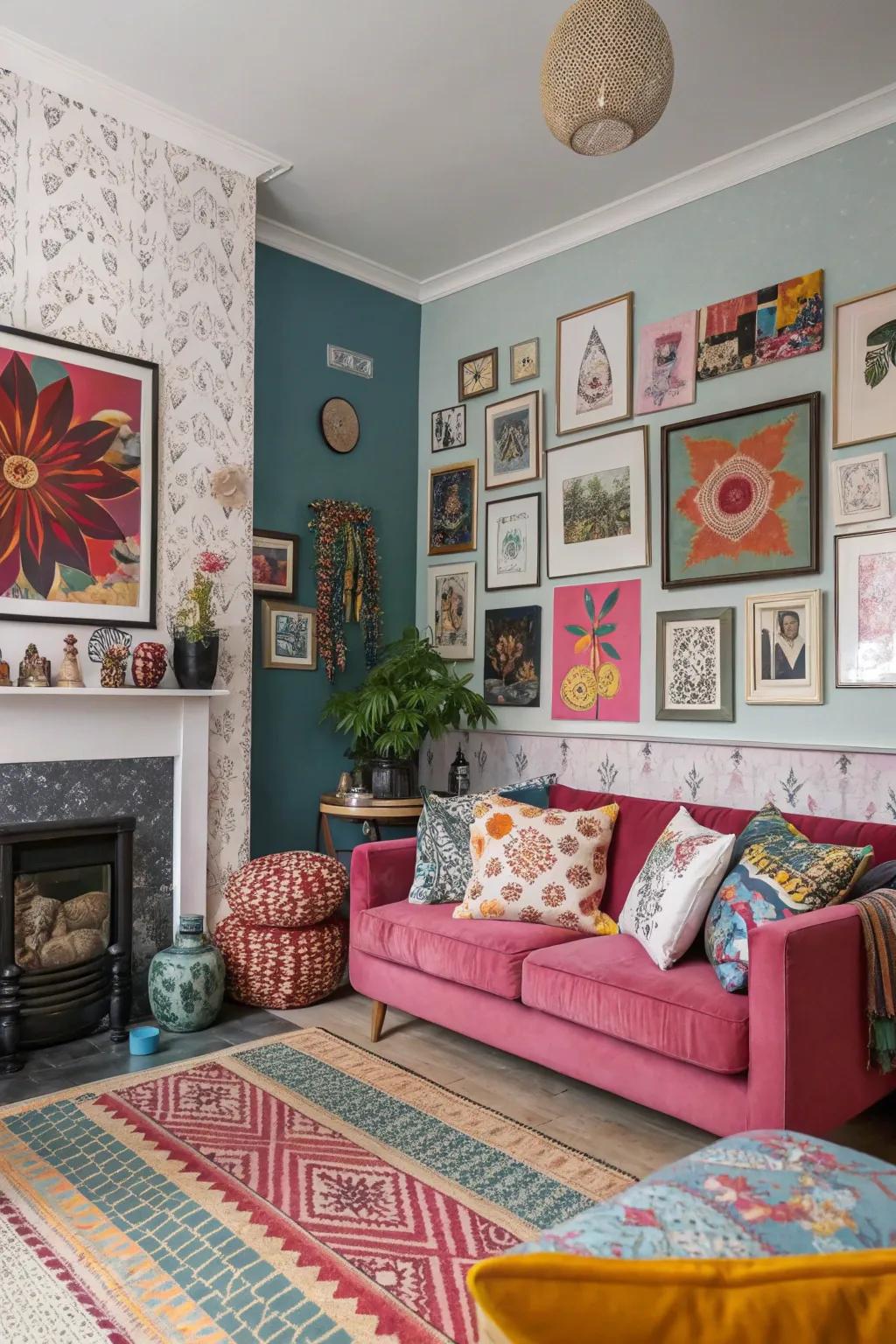 An eclectic living room with mixed wallpaper designs and contrasting paint, showcasing bold style.