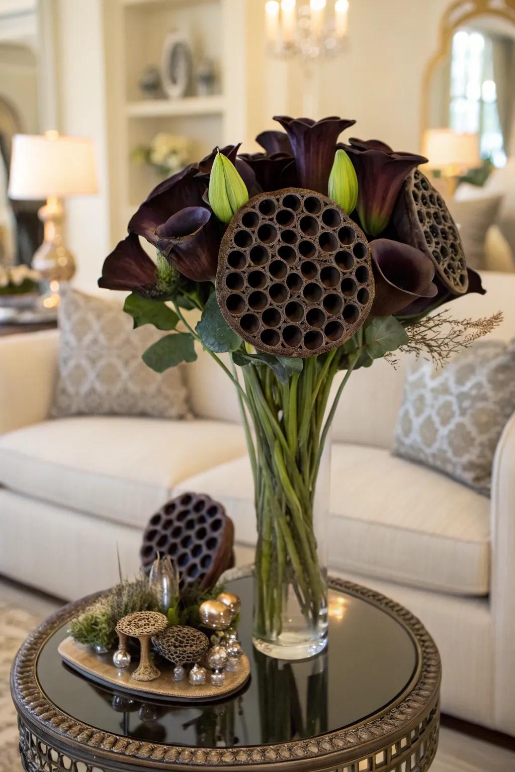 Seed heads inject texture and intrigue into this somber Halloween bouquet.