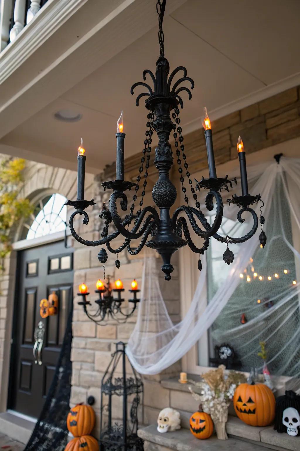 An ebony chandelier establishes a haunting tone for Halloween.