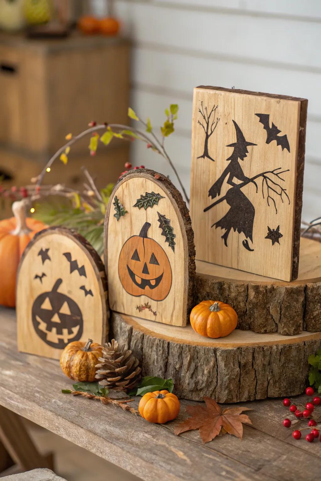Rustic wooden markers introducing nature into Halloween decorations.