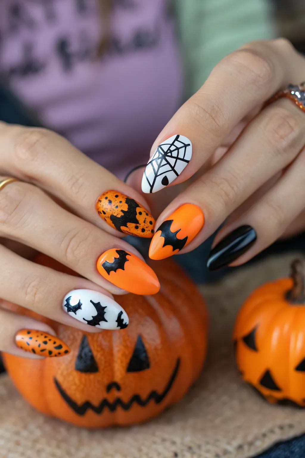 Adhesive film nail artistry imparts a spectral element to your All Hallows' Eve style.