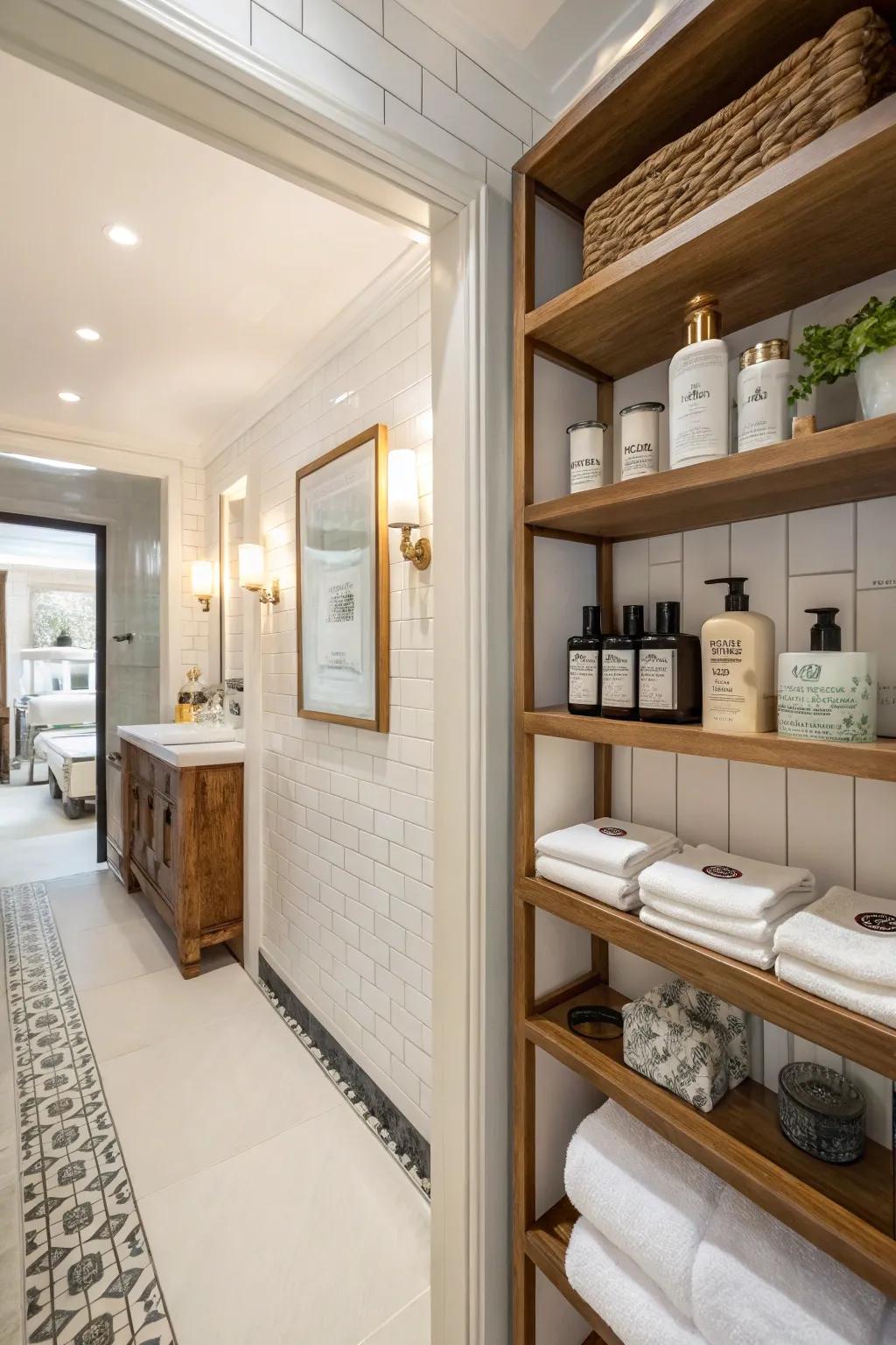 Visible shelving offers both style and accessibility.