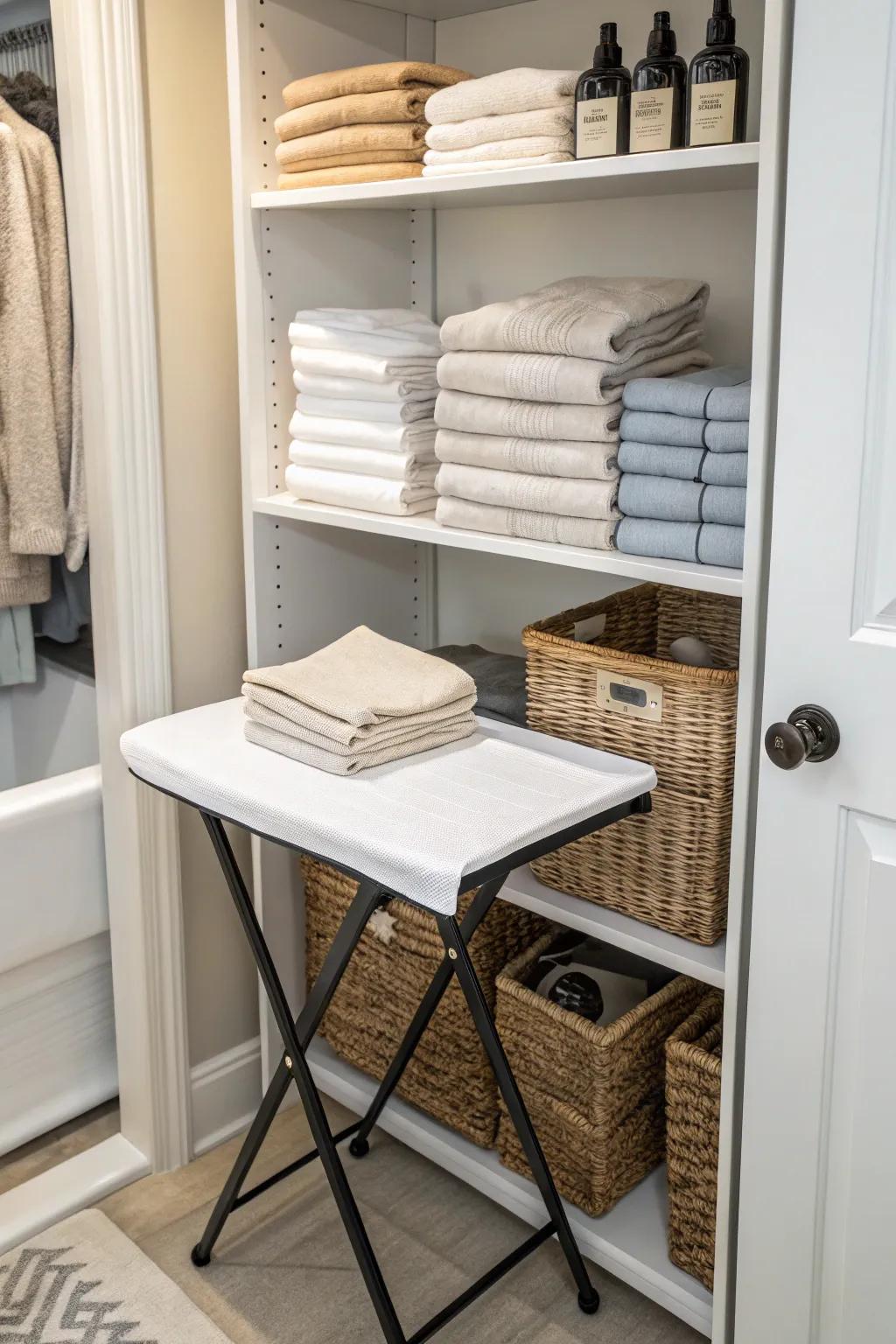 Your linen closet is made more convenient by a folding station.
