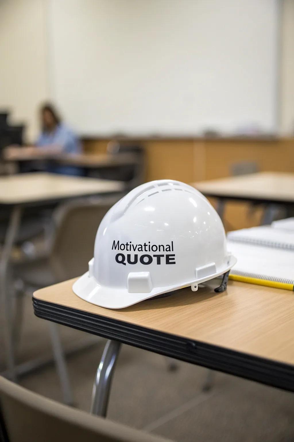 A hard hat personalized with an uplifting message.