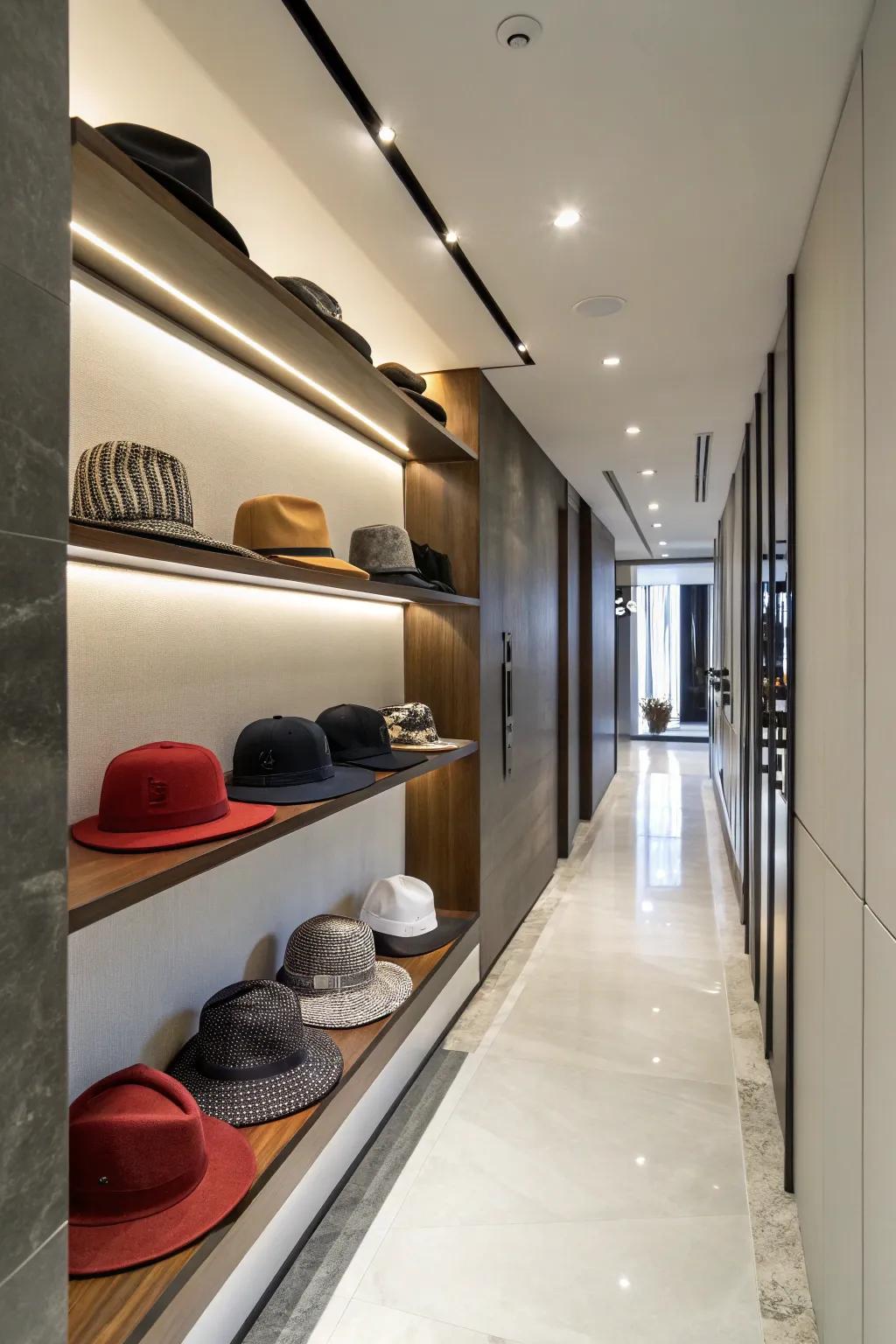 Hats shown on floating shelves.