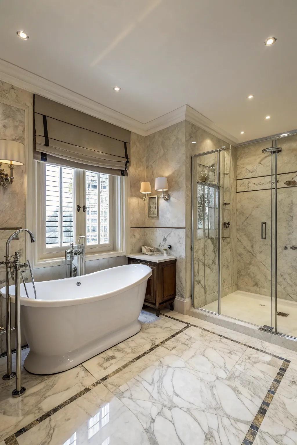 A sumptuous bathroom featuring underfloor heating for spa-like comfort and refinement.