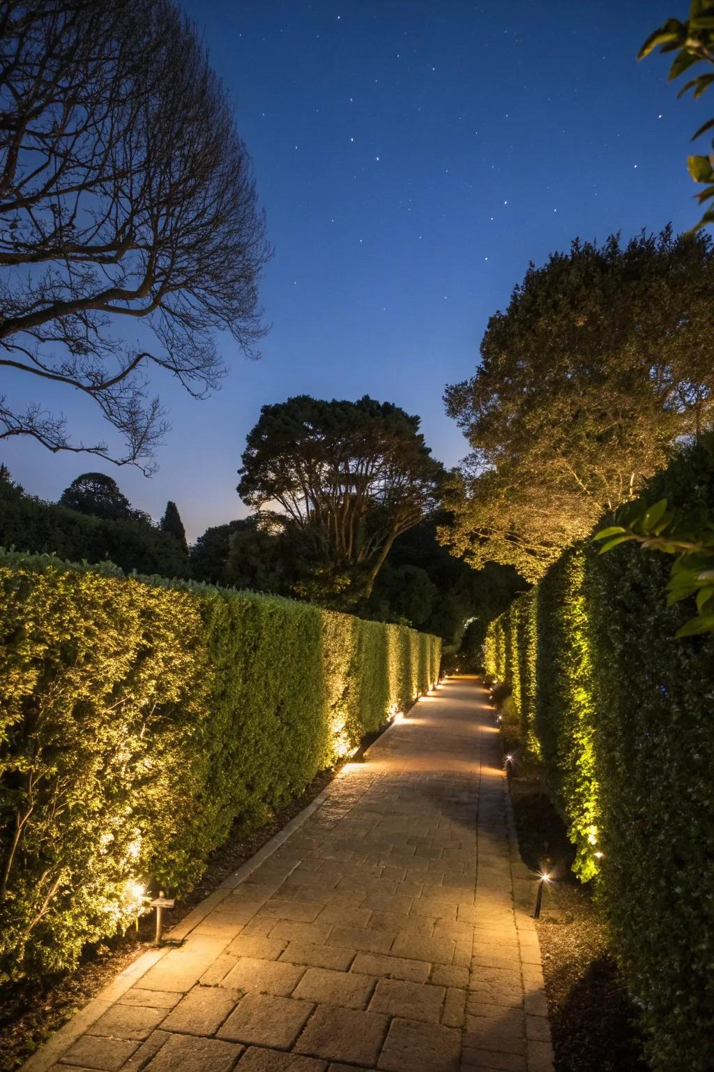 Hedges with built-in lighting create a magical mood