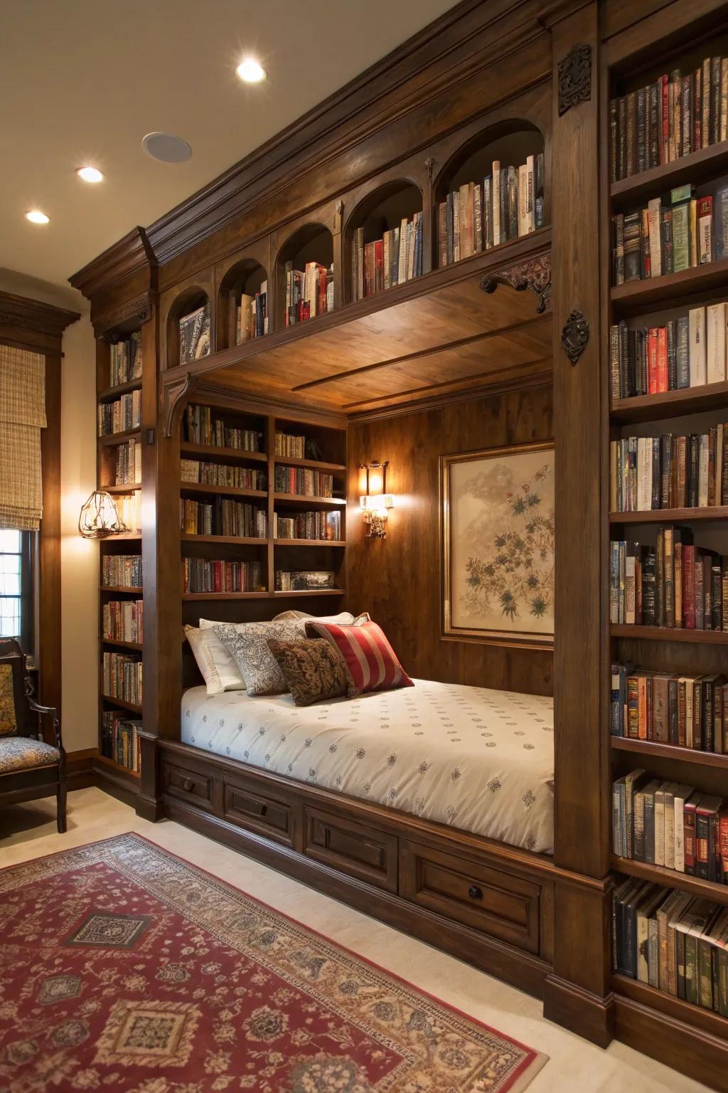 Bookcase with a hidden bed for space-saving elegance