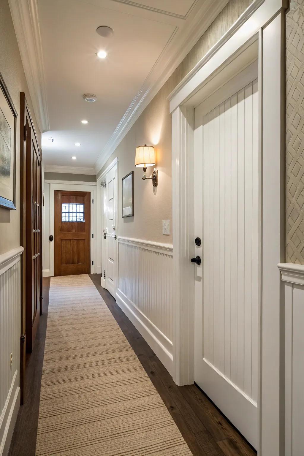 A hallway featuring a secret entrance in paneling.
