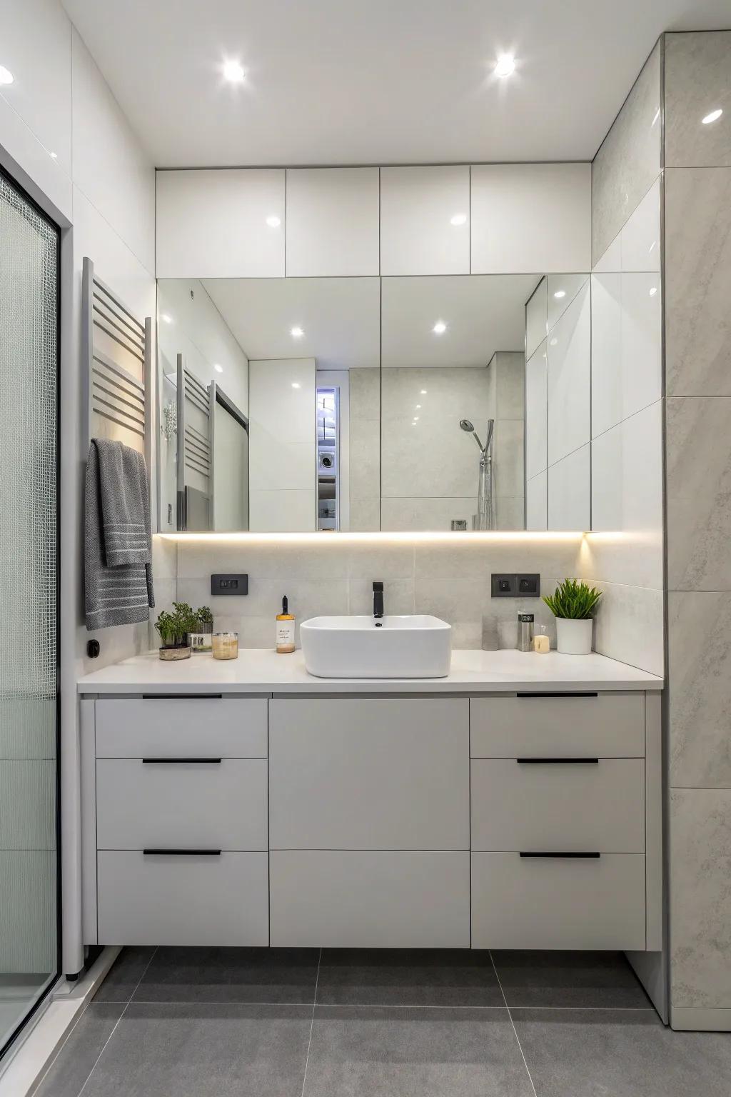 Subtle pulls maintaining a smooth bathroom design.