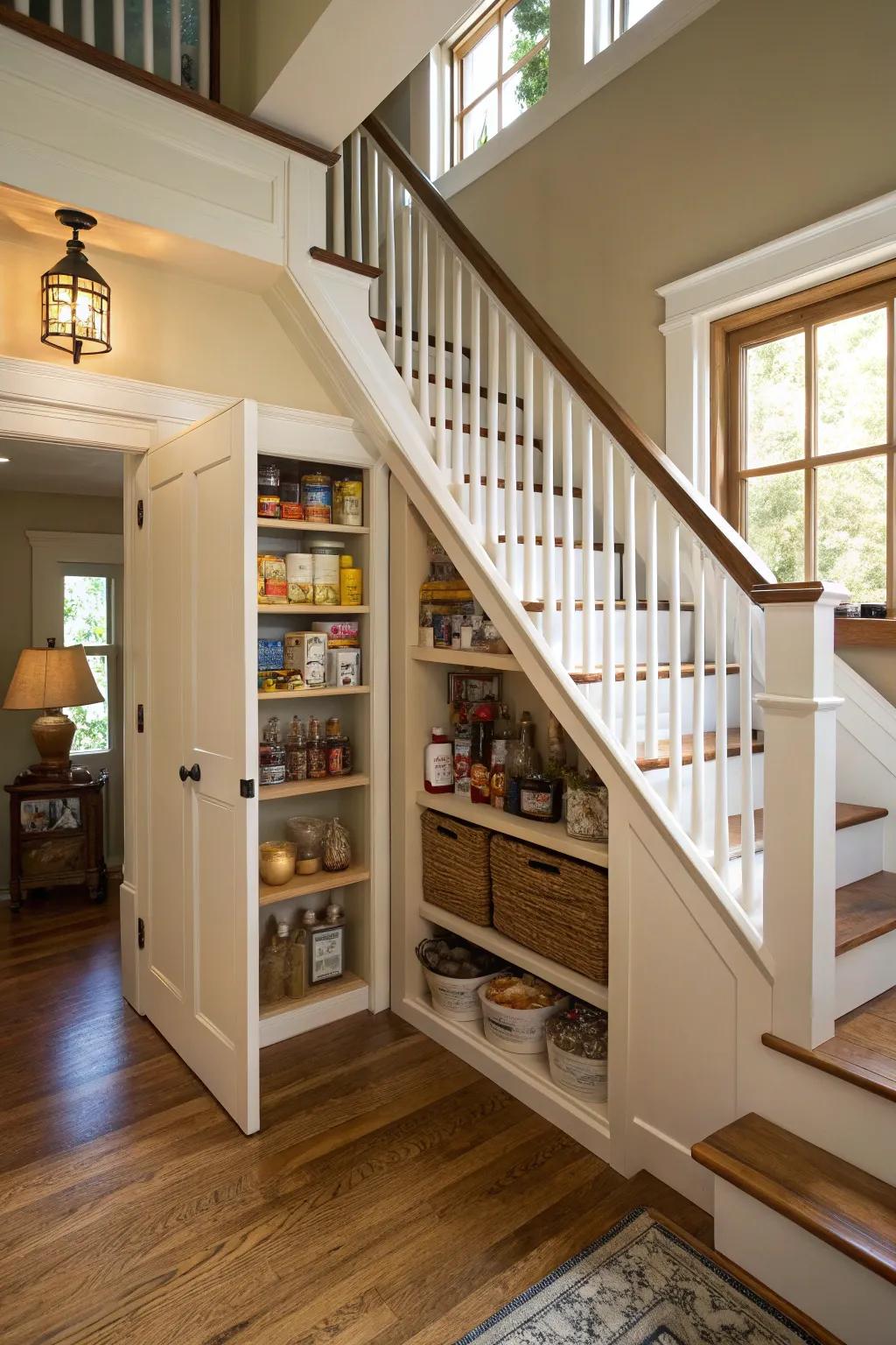 A secret pantry cleverly tucked aside beneath the staircase.