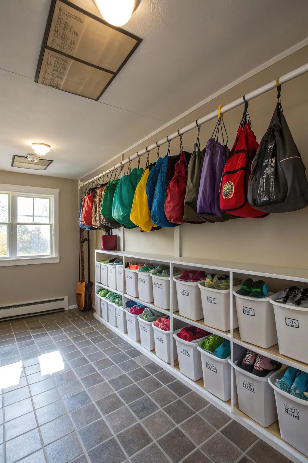 Hanging shoe bags maximize vertical area for seasonal storage.