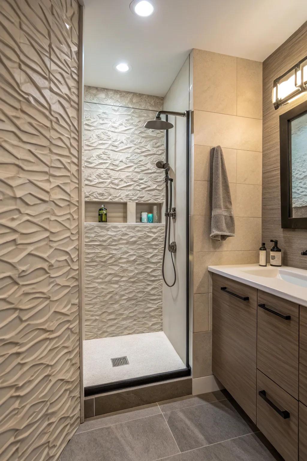 Textured accent partitions add measurement to concealed shower aesthetic visions.
