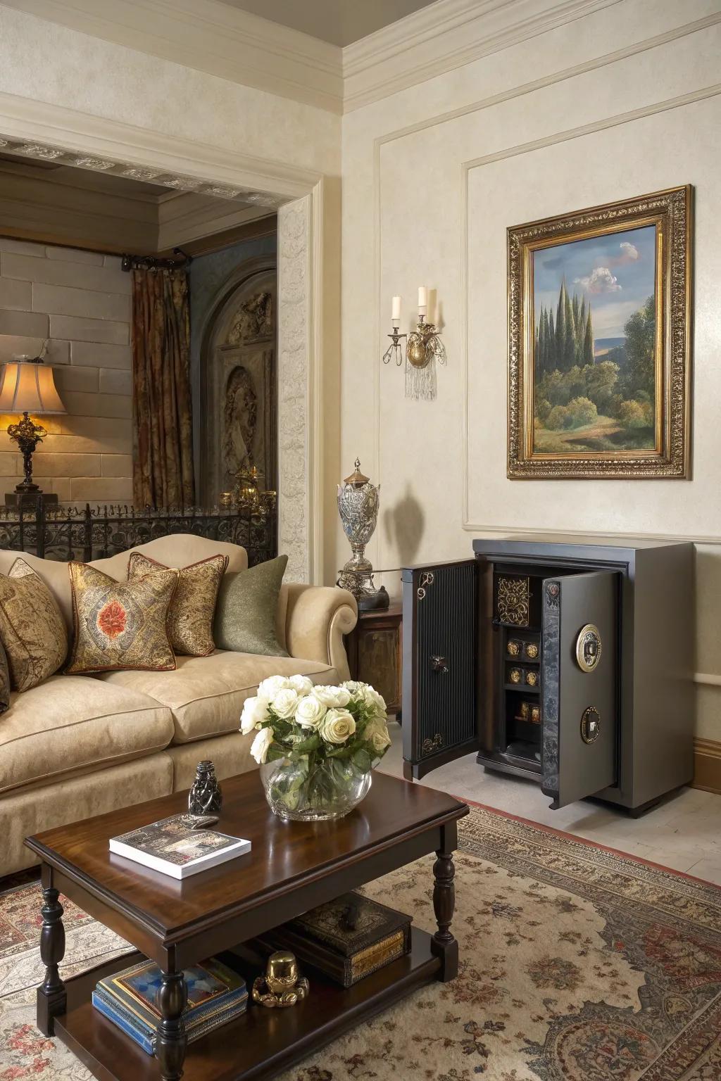 Subtle wall safe concealed behind artwork