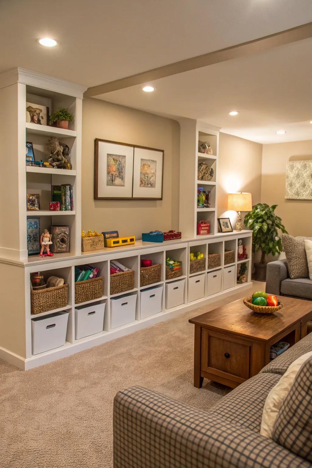 Hideaway cubbies for fuss-free plaything storage.