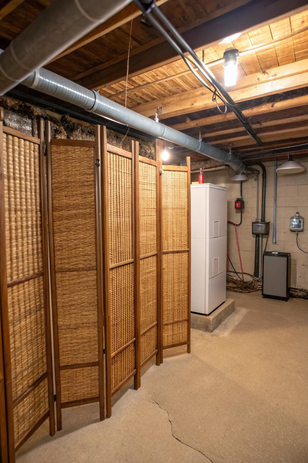 Woven bamboo screens adding texture and concealment.