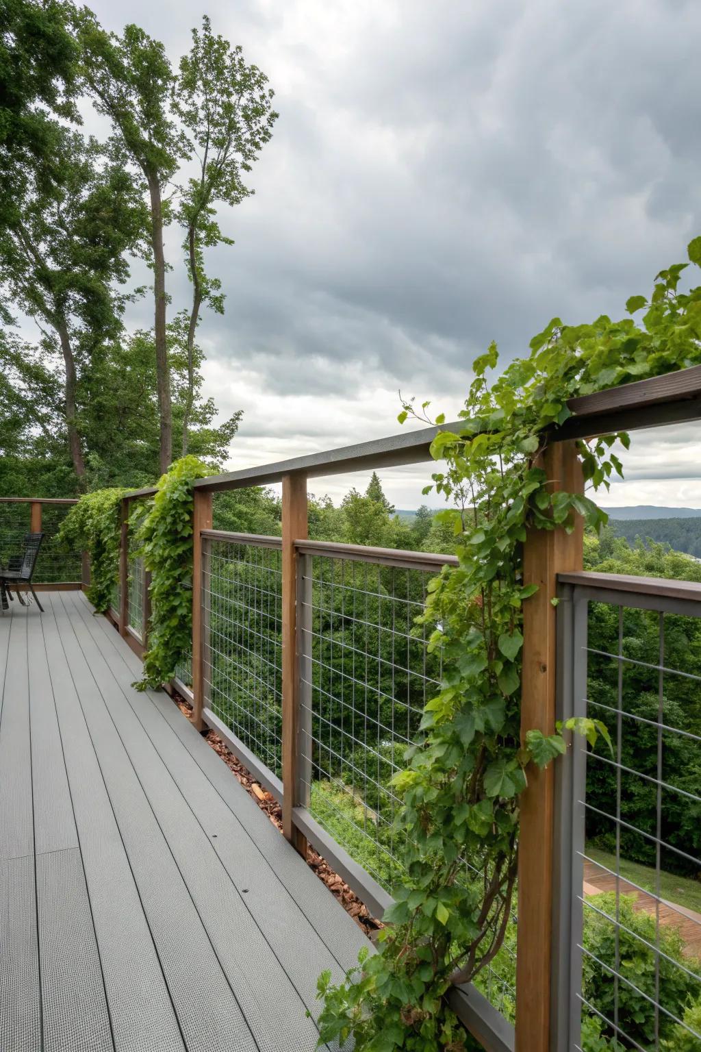 Climbing plants on mesh panels offer natural privacy and lush beauty.