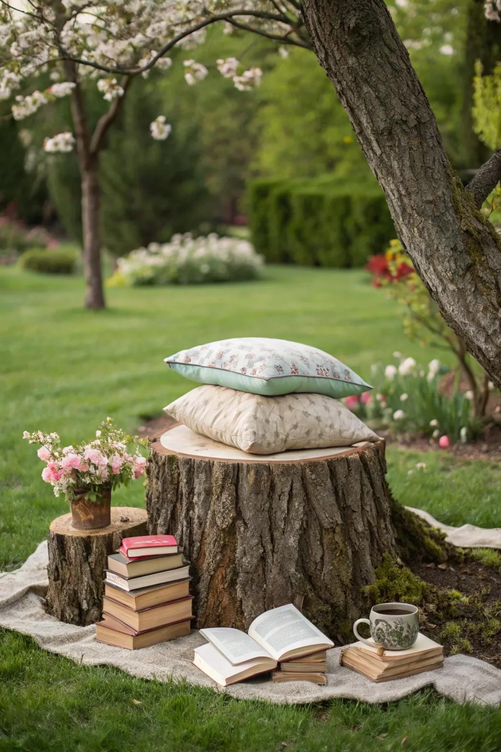 A tree stump evolves into a relaxing reading spot nestled in the garden.