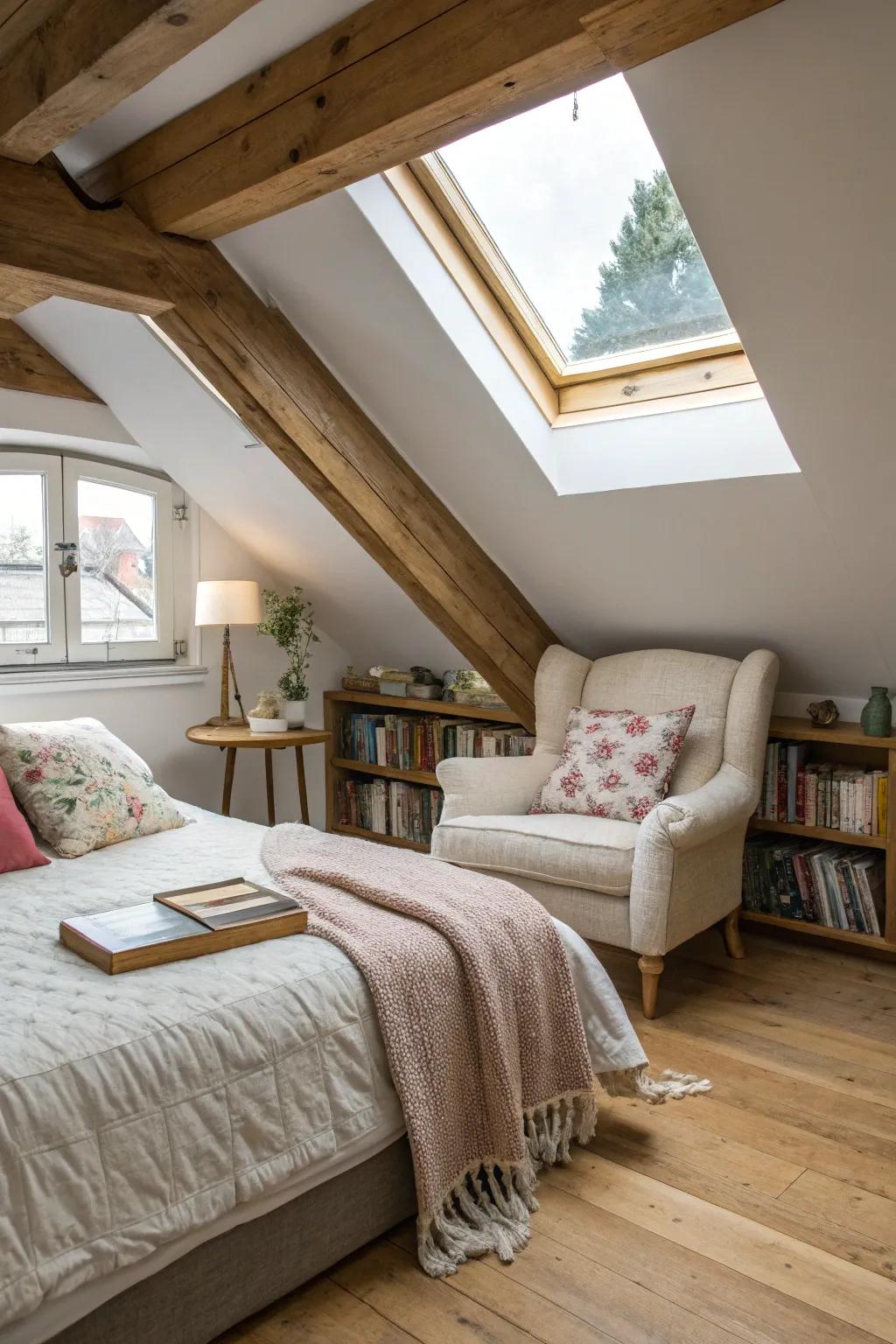 A snug attic room retreat concealed within the attic.