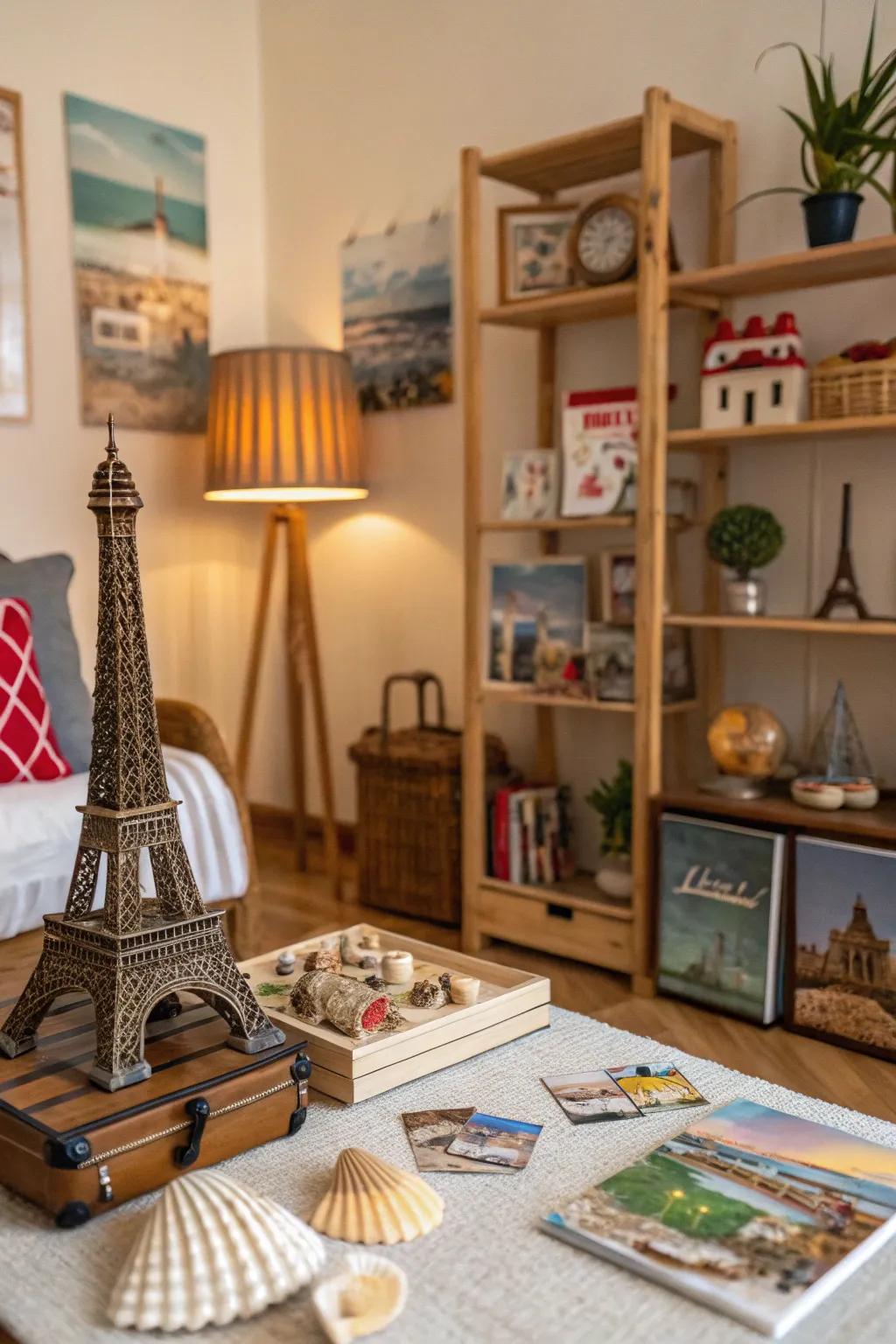 A home filled with personal travel mementos adding character.