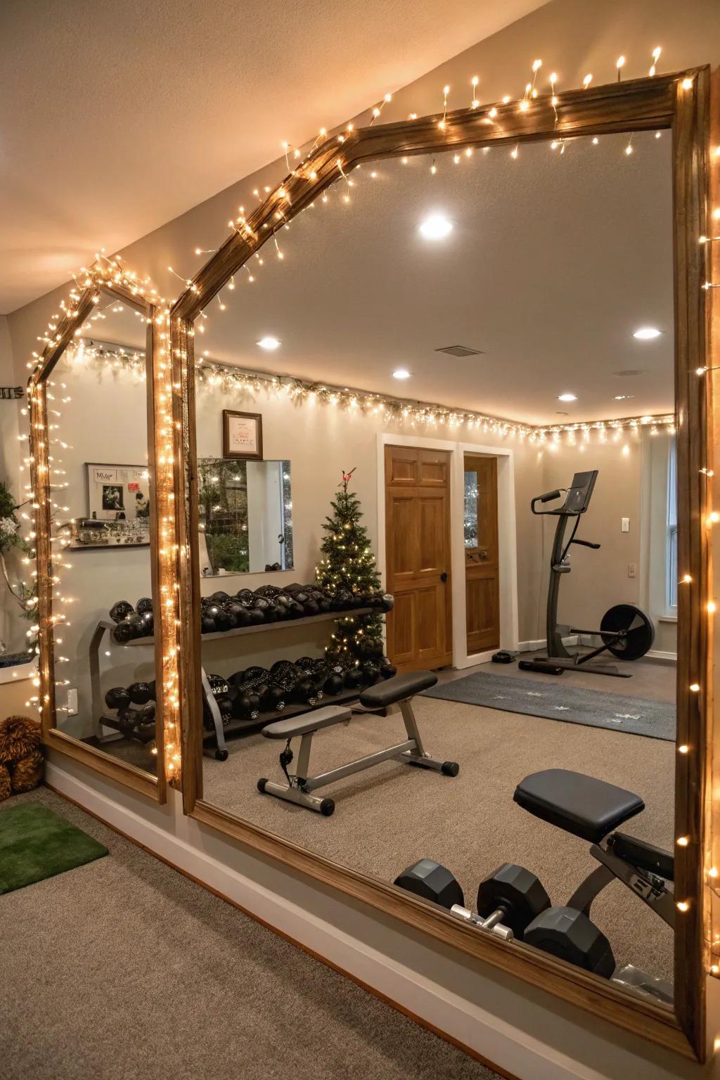 Filament lights in proximity to mirrors fashion a snug gymnasium ambiance.