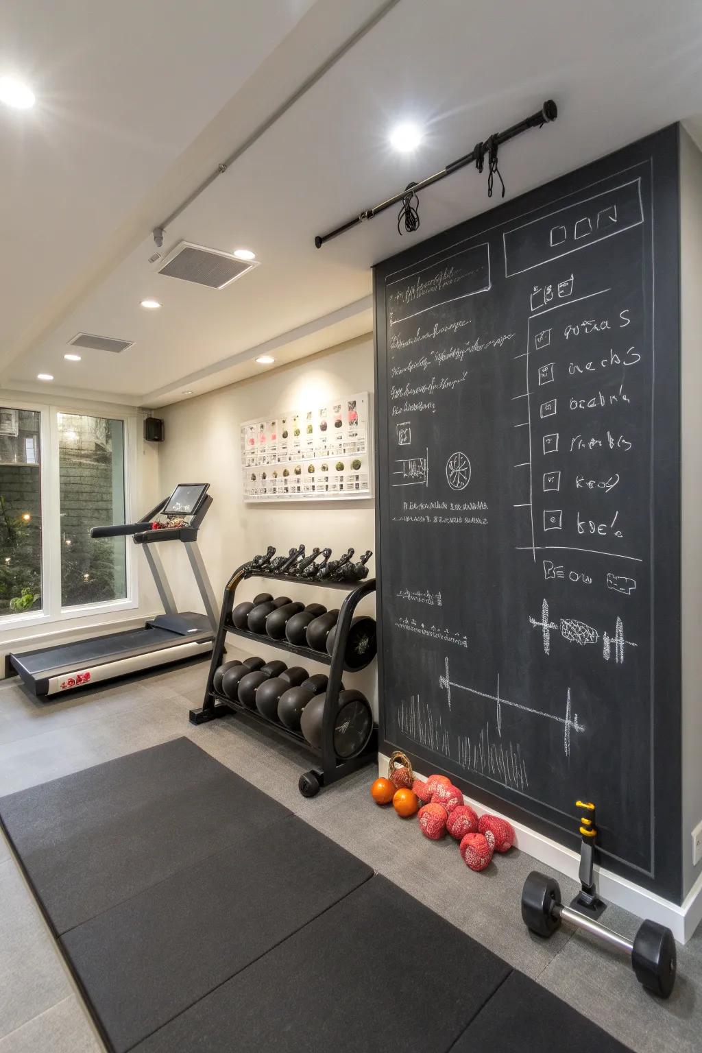 A chalkboard wall introduces practicality and inspiration to your gym space.