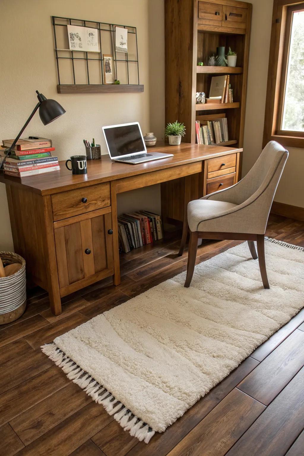 Rugs visually define spaces and add texture to a home office.