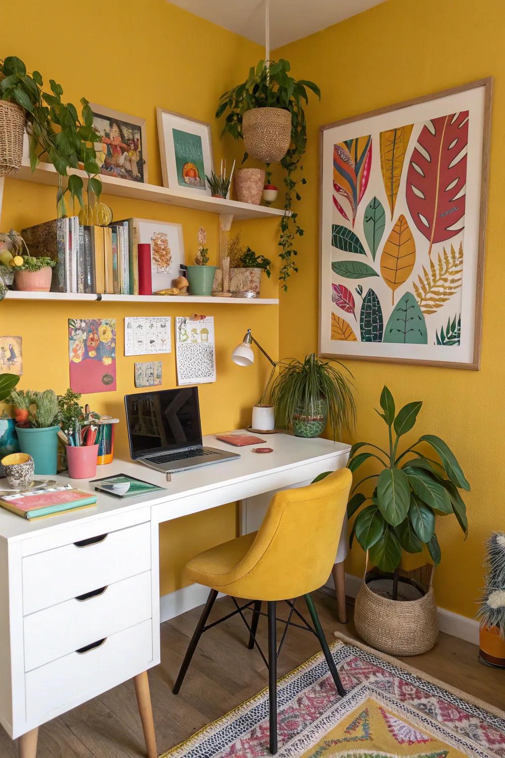 Saffron walls impart warmth and cheer to this inviting personal office.
