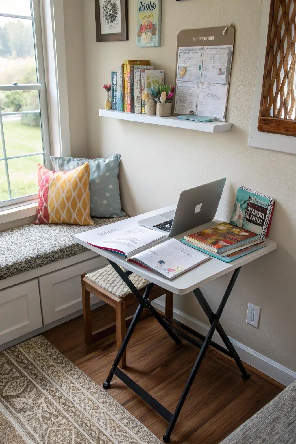 Foldable tables offer adaptable workspaces in compact areas.
