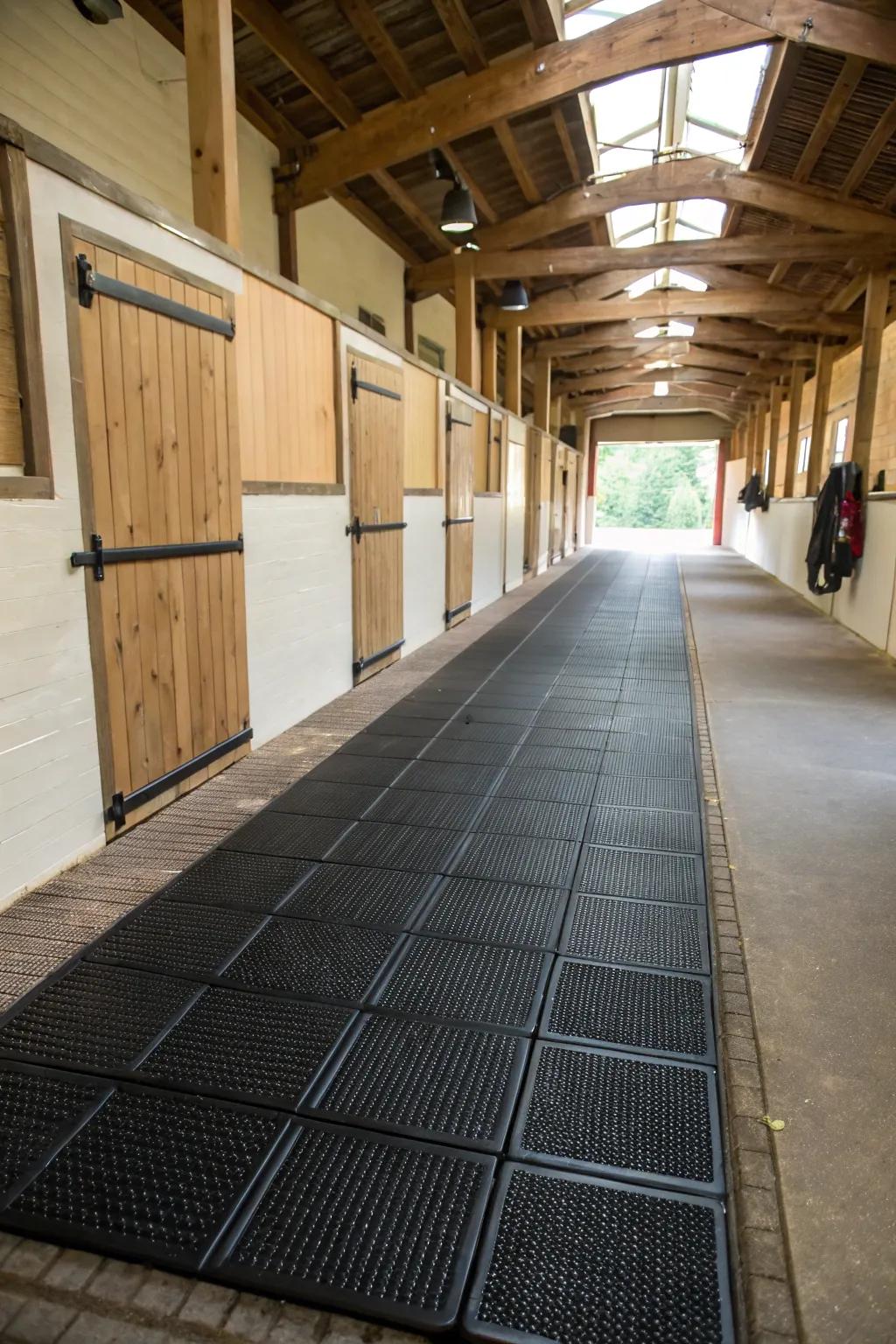 Polymer rollouts offer a practical, padded ground cover solution for equine facility walkways.