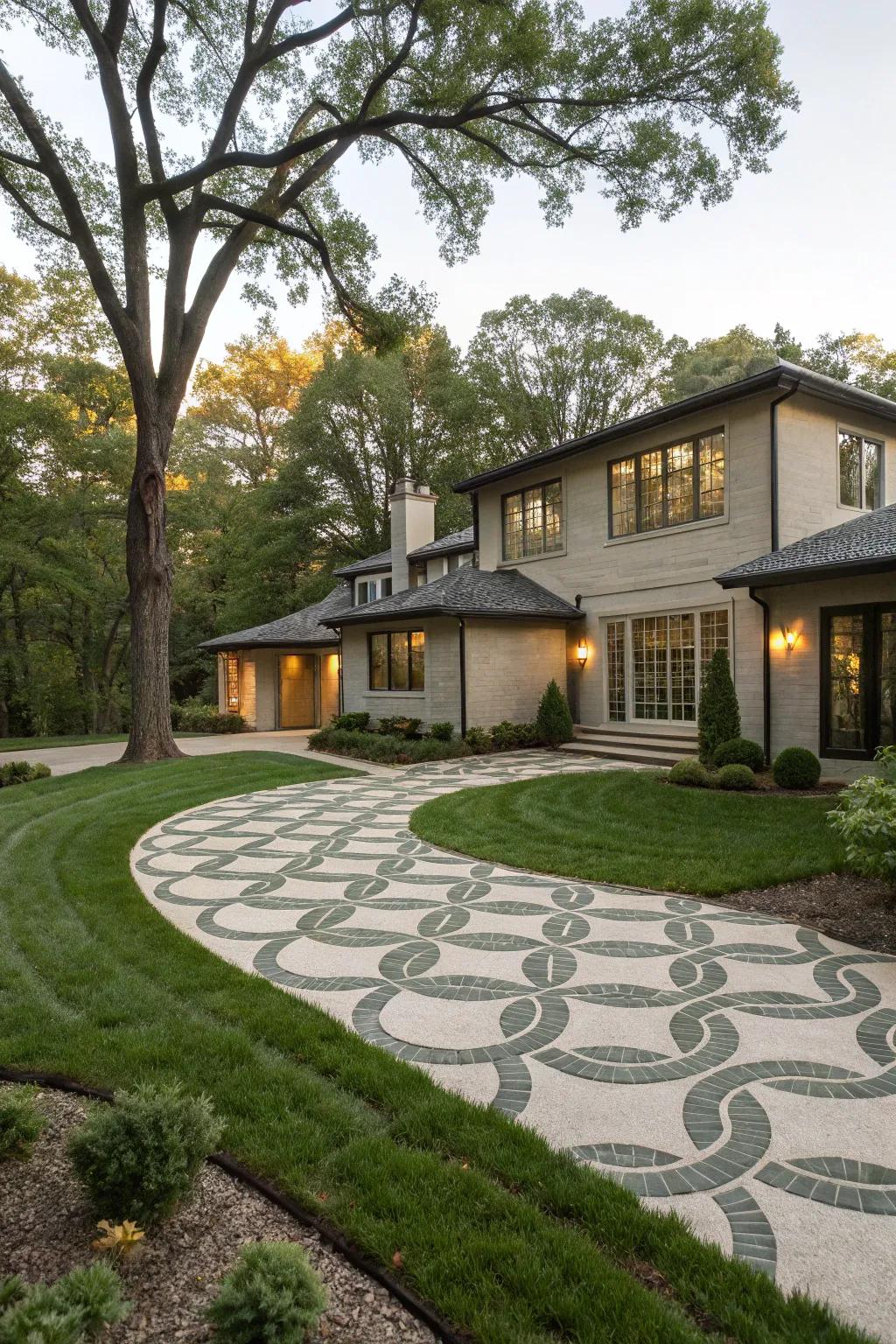 A beautifully designed driveway enhances the home's facade.