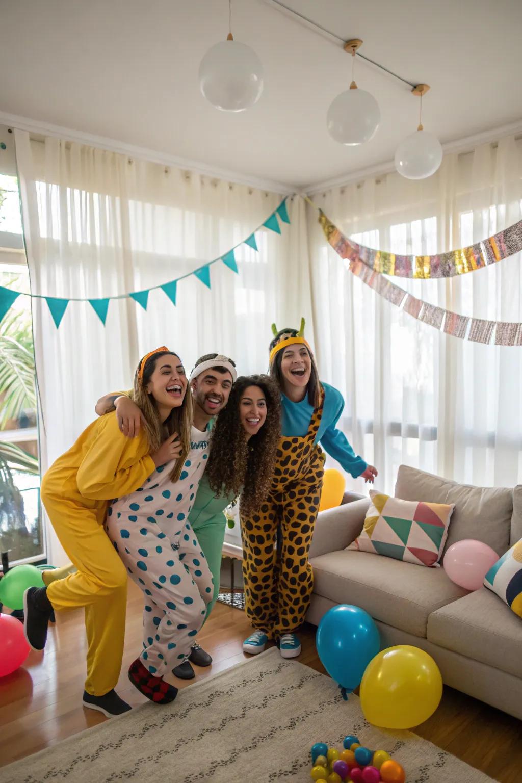 Guests enjoying a theme attire at a housewarming celebration