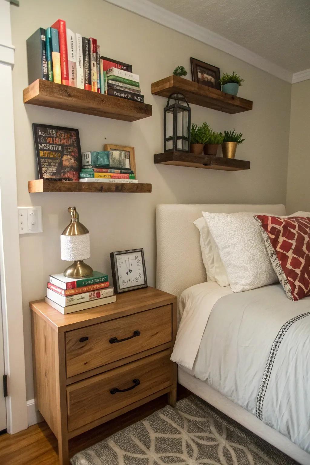 Floating shelves and a nightstand heighten the sensation of spaciousness within a petite bedroom.